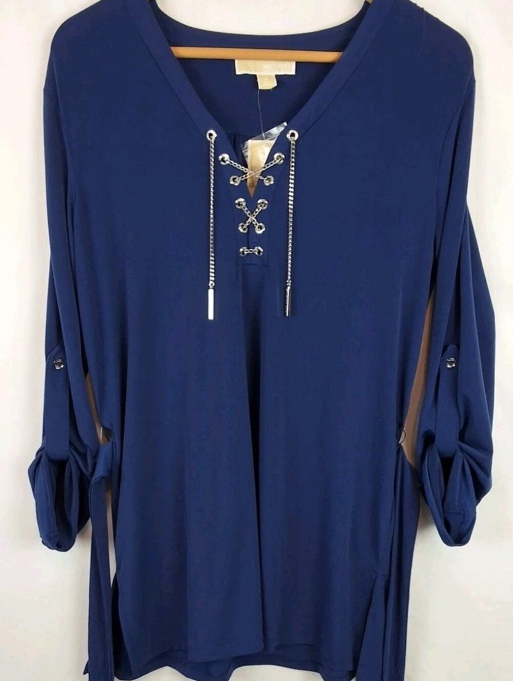 Michael Kors Deep Navy Lace-Up V-Neck Long Sleeves Dress Gold Chains Elegant S